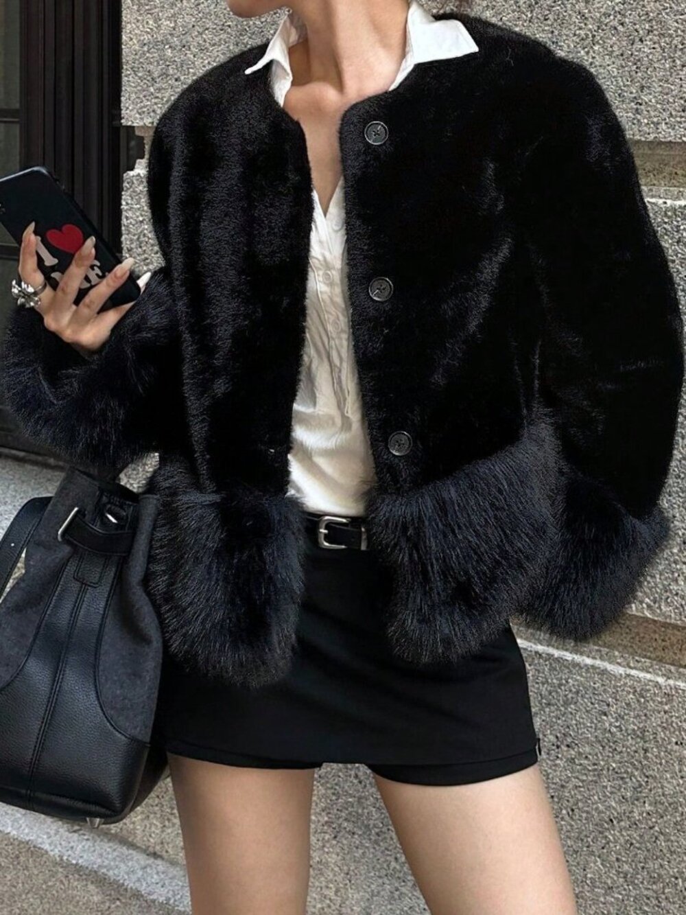 Black Casual Women's Loose Fuzzy Short Jacket